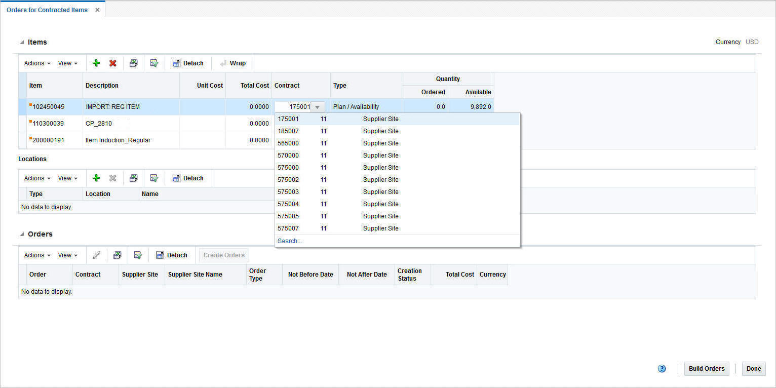 Orders for Contracted Items window showing items Orders for Contracted Items window showing items