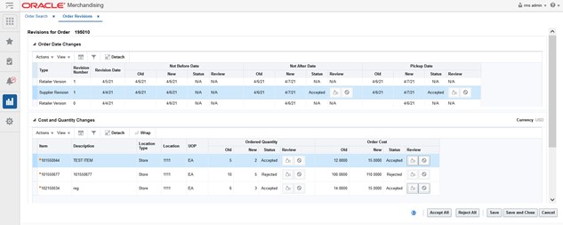 Order Revisions window