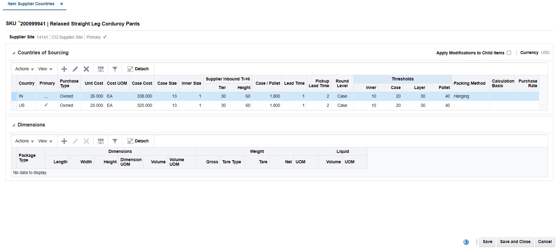 Item Supplier Countries Page