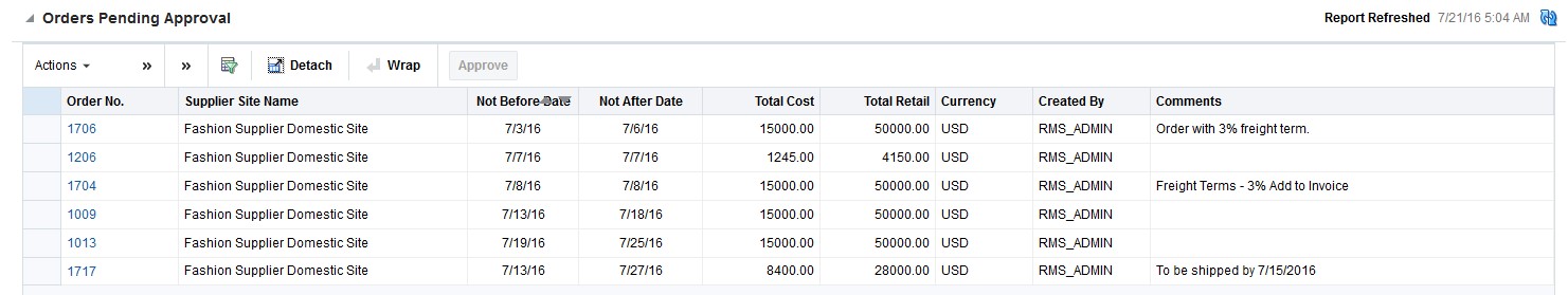 Orders Pending Approval Report
