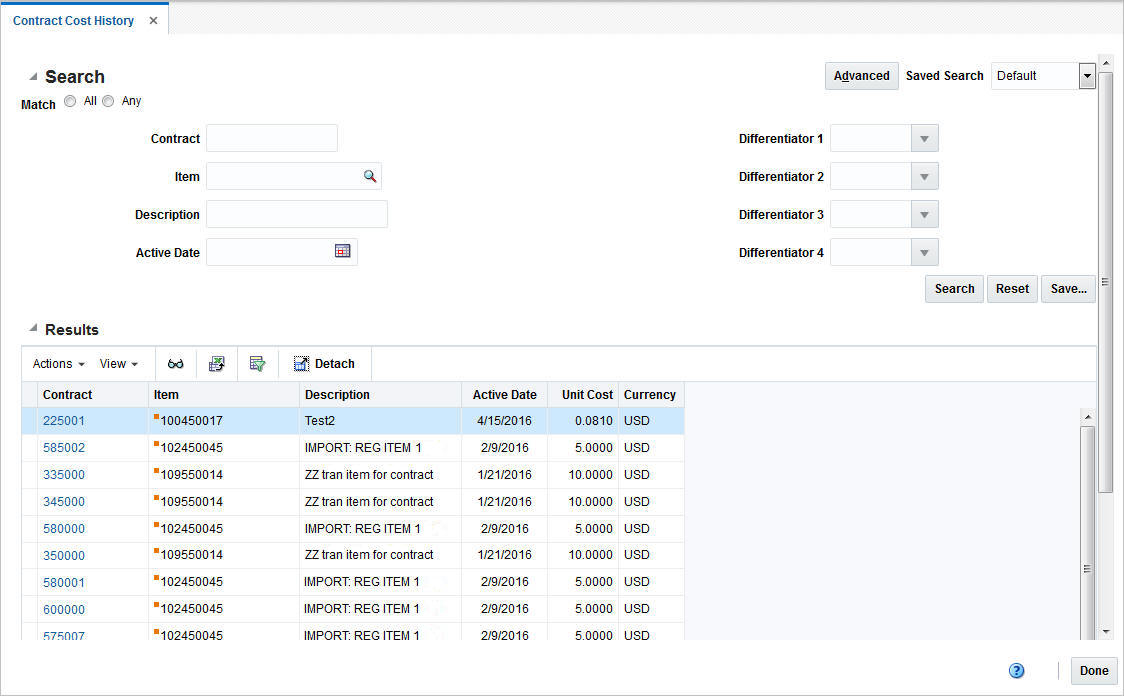 Contract Cost History window Contract Cost History window