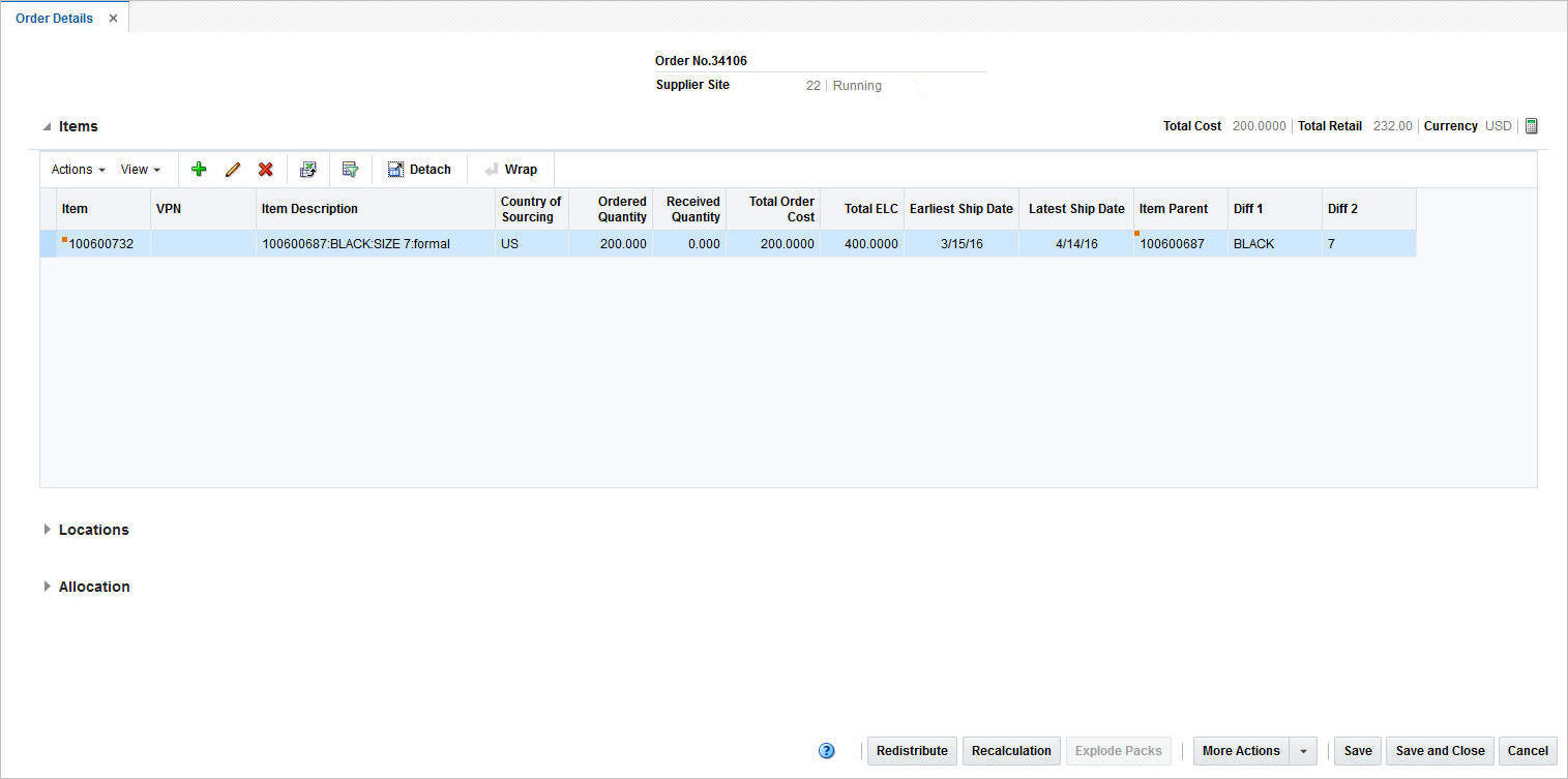 Order Details window Order Details window