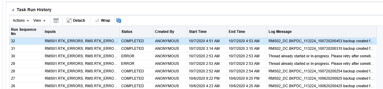 Task Run History Screen Task Run History Screen