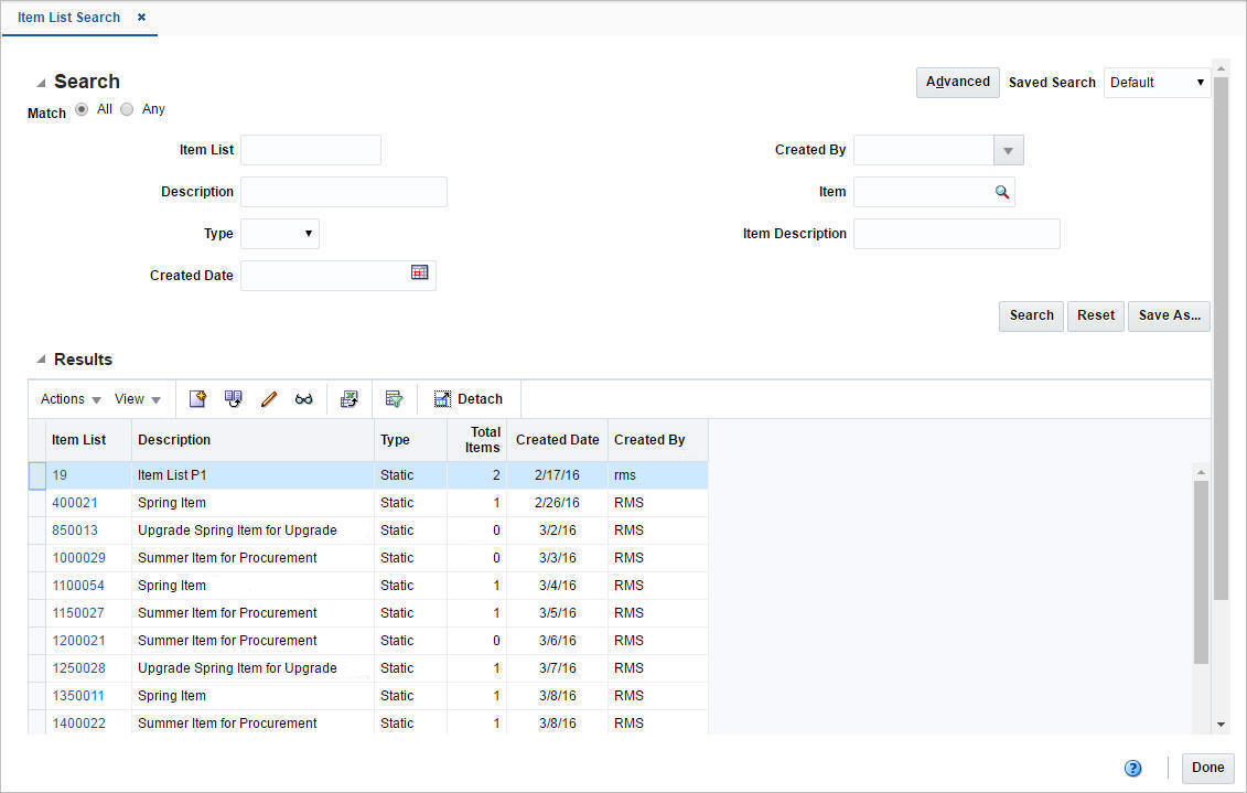 Item List Search window Item List Search window