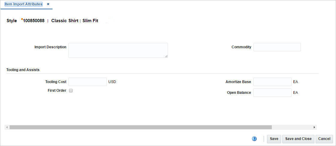 Item Import Attributes window Item Import Attributes window