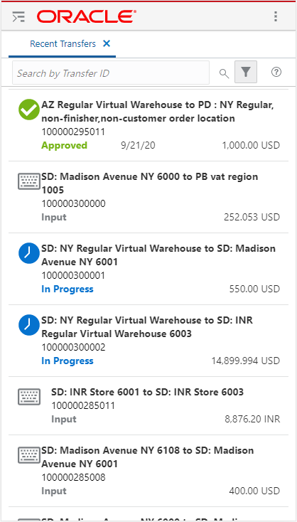This figure shows the Recent Transfers Screen This figure shows the Recent Transfers Screen