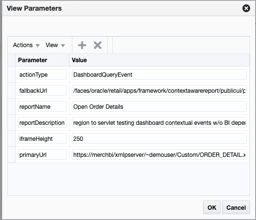 Add Report View Parameters Window