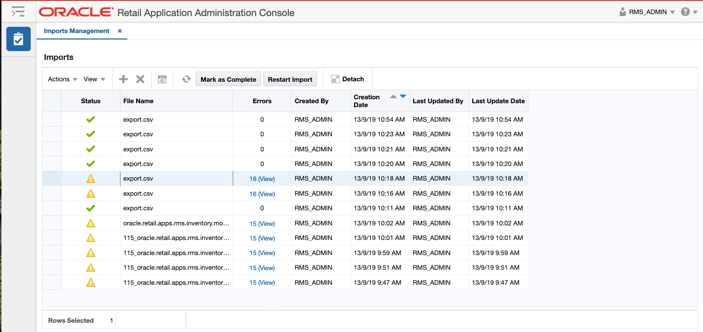 Imports Managements Screen