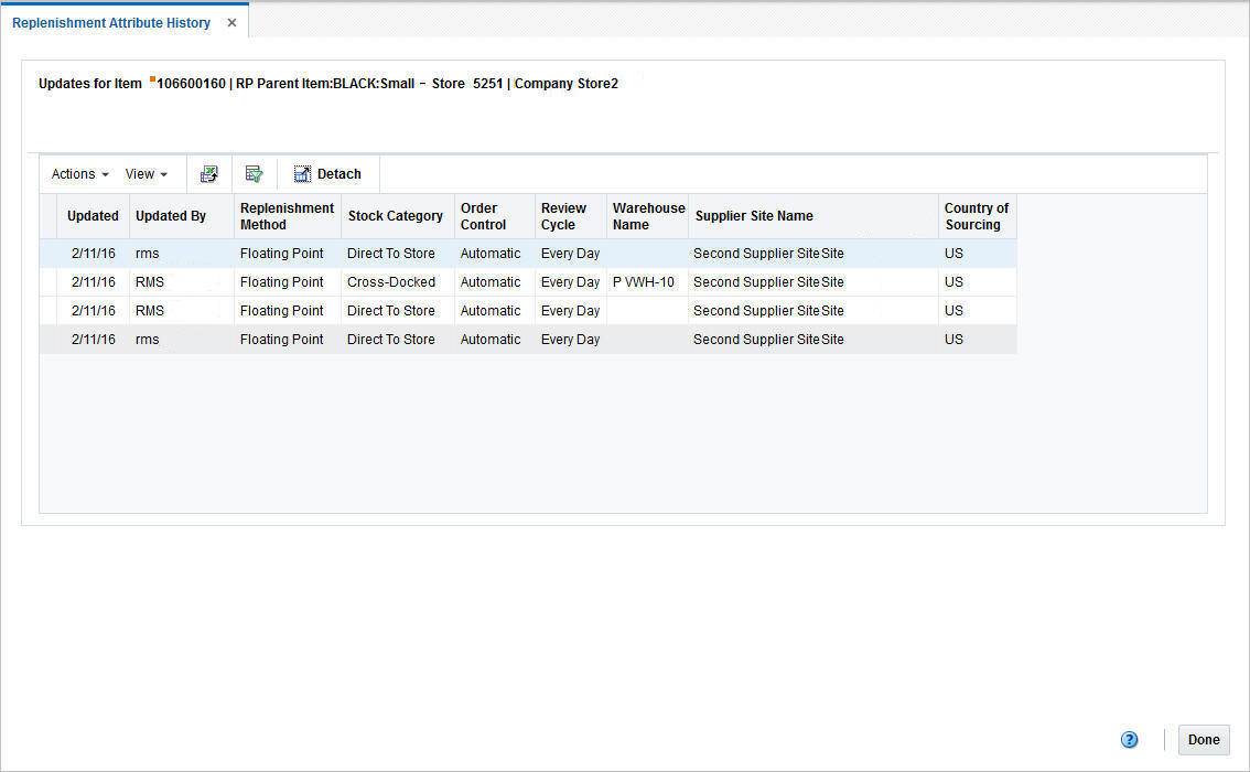 Replenishment Attribute History window Replenishment Attribute History window