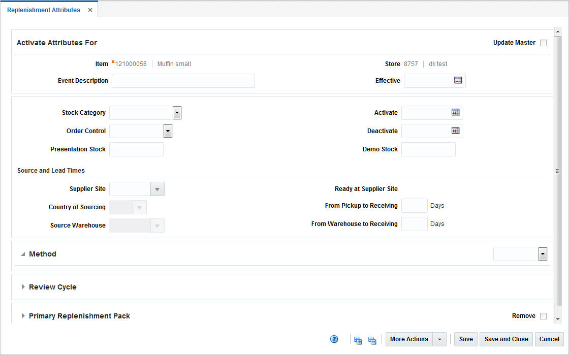 Replenishment Attributes window Replenishment Attributes window