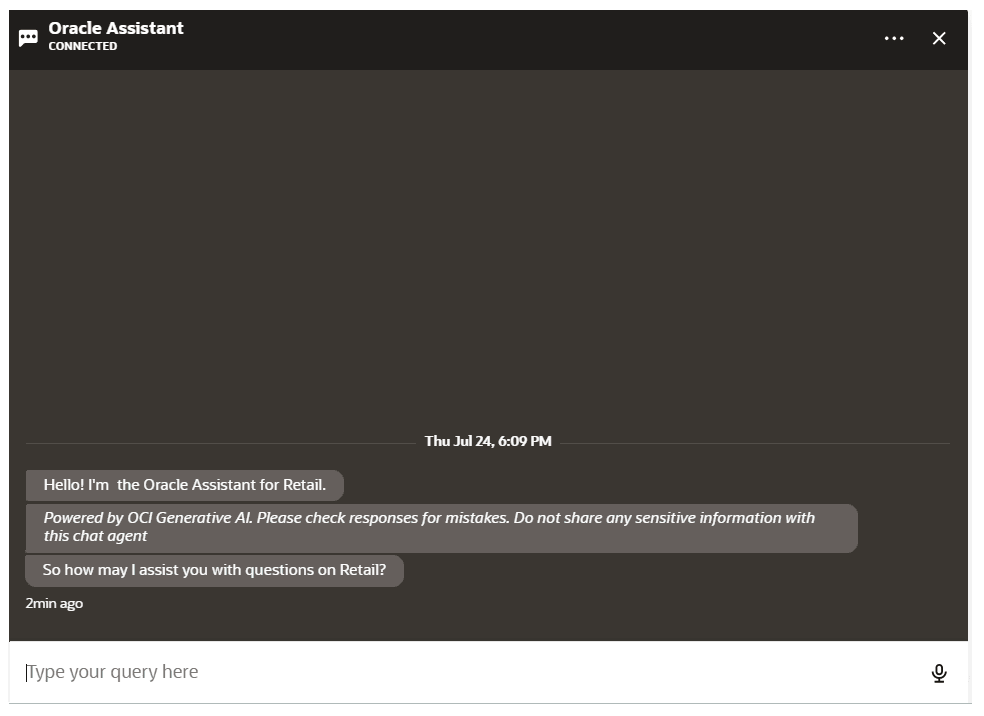 Oracle Digital Assistant Chat Window