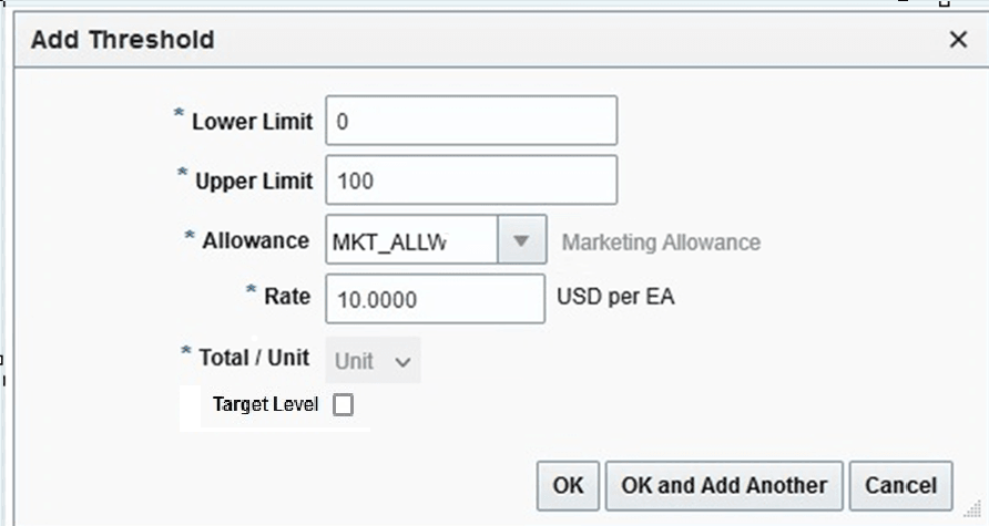 Allowance Deal set up as Amount: Add Threshold Pop-up