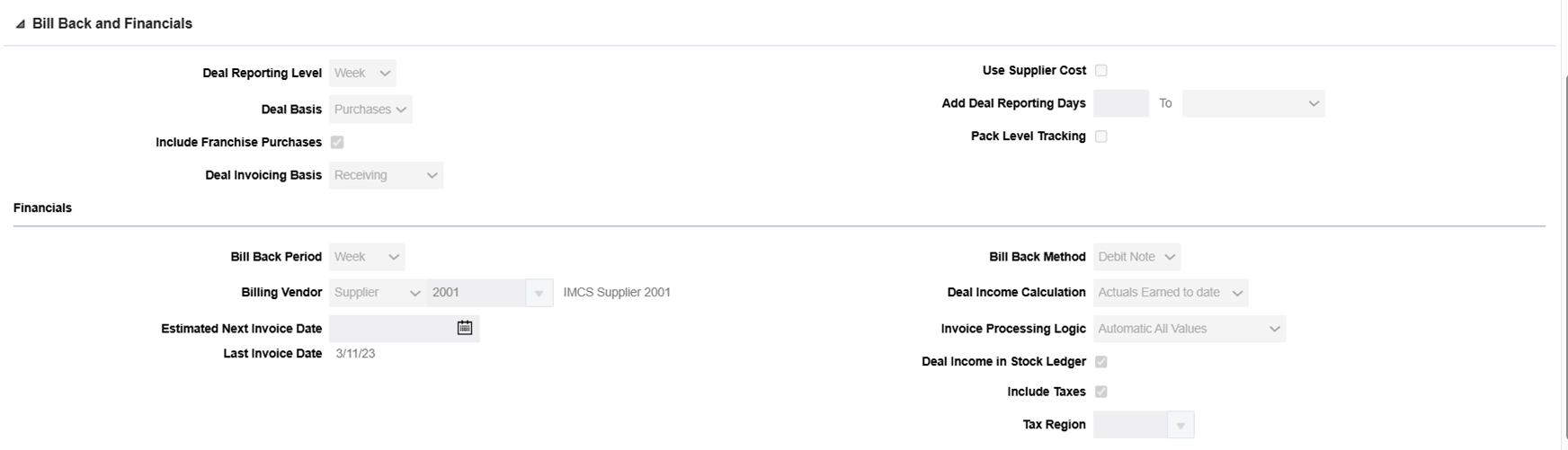 Bill Back and Financials Page for Deal Basis as Purchase and Issues and VFP Deals