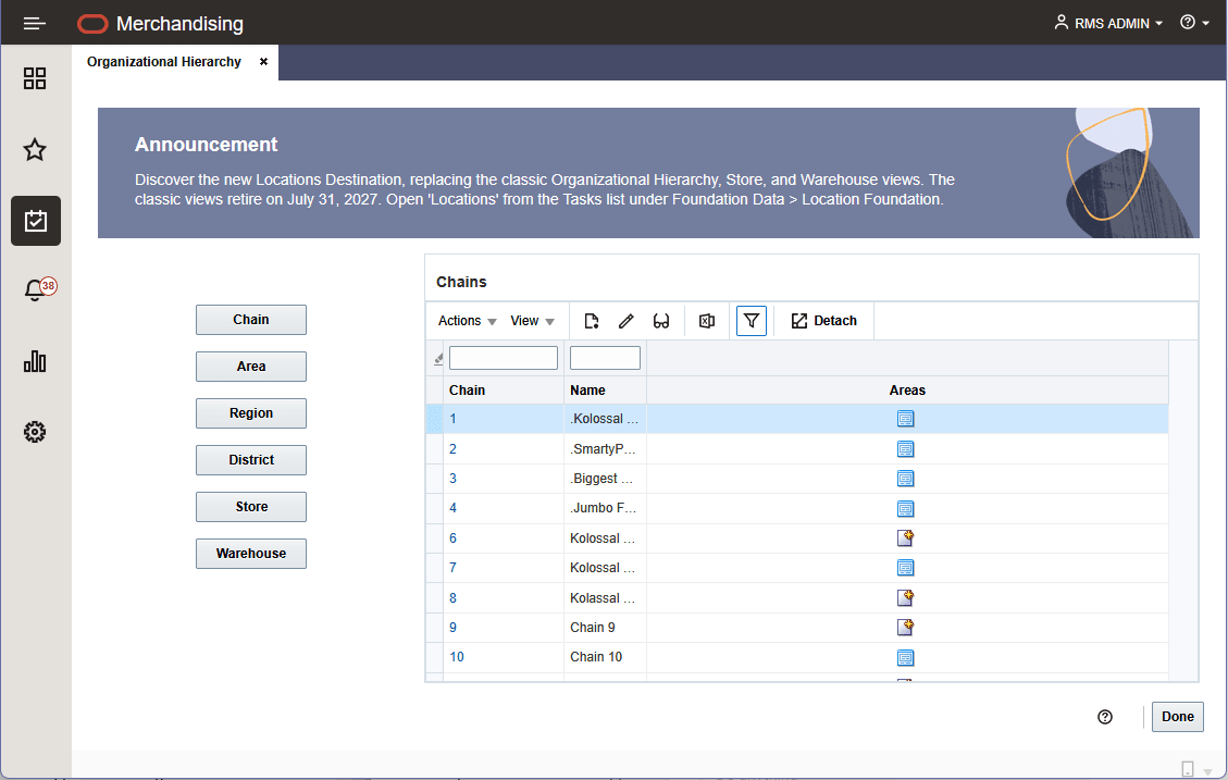 Classic Organizational Hierarchy page showing the Locations Destination deprecation announcement.
