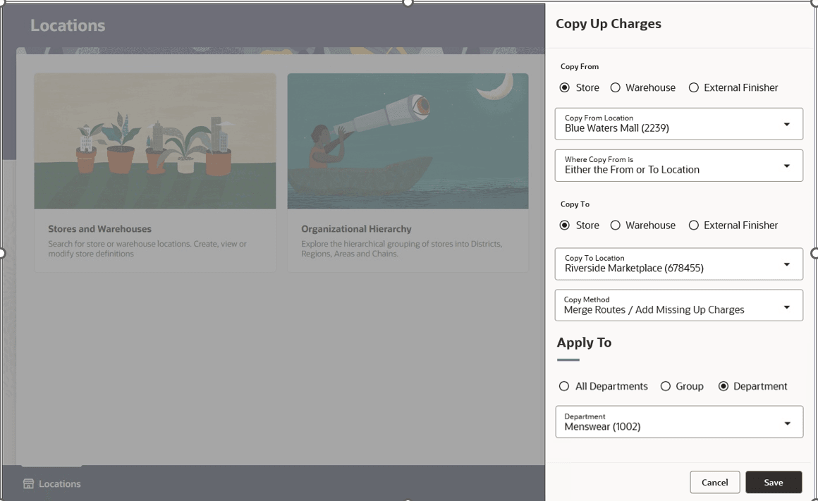 Copy Up Charges drawer displaying Copy From, Copy To, and Apply To sections.