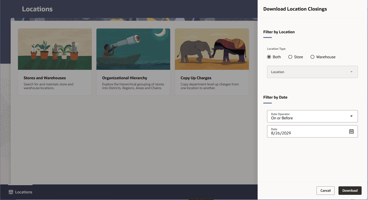 Download Location Closings drawer with filter options.