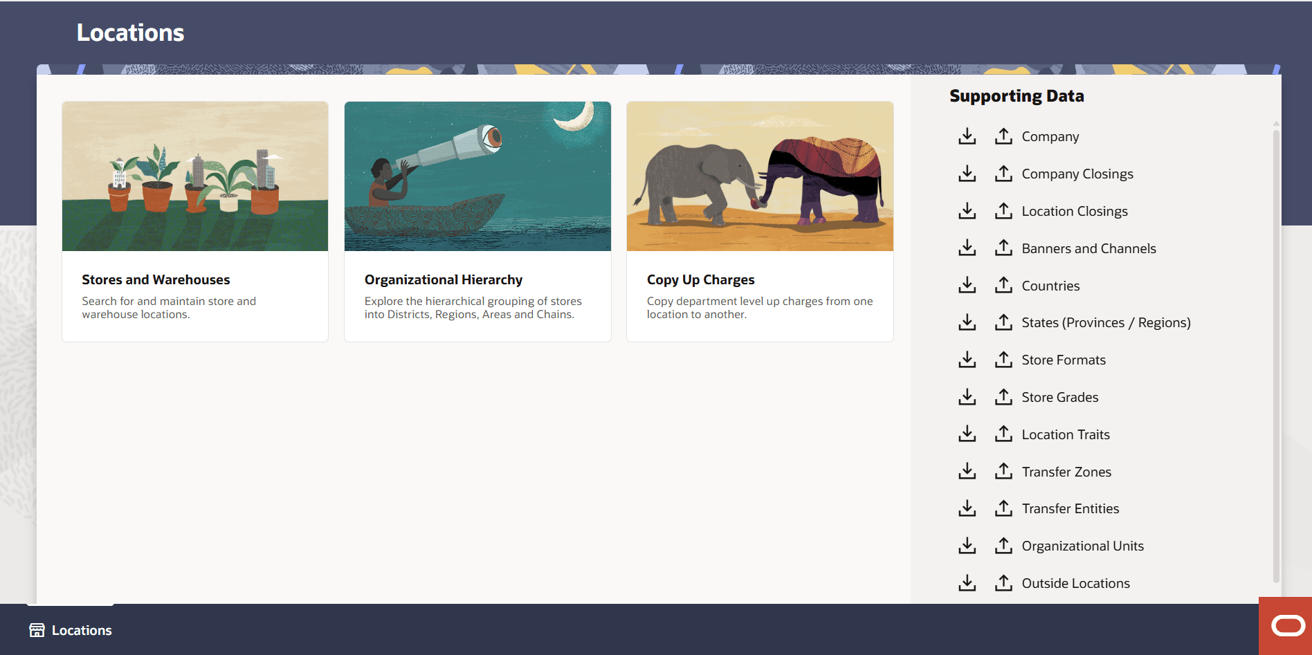 Locations Destination landing page with the Stores and Warehouses, Organizational Hierarchy, and Copy Up Charges cards, and the Supporting Data panel.