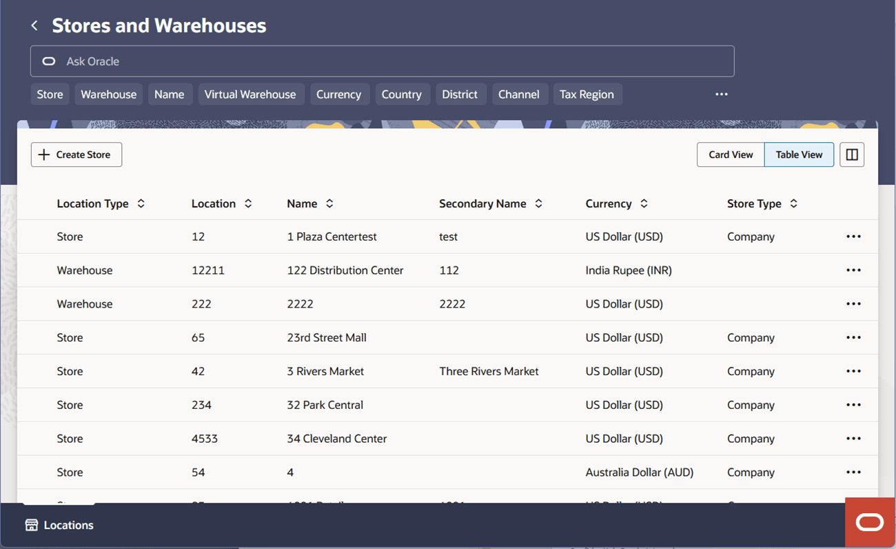 Stores and Warehouses – Table View