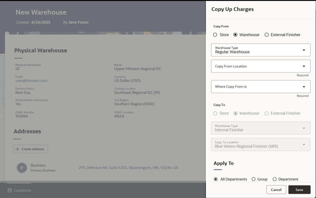 Copy Up Charges drawer opened from a virtual warehouse card.
