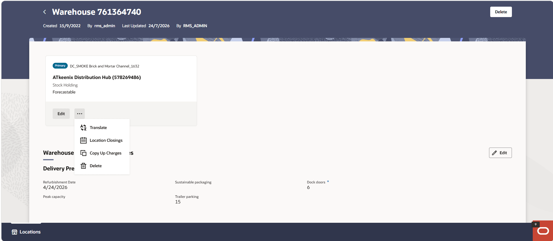 Virtual warehouse card overflow menu with Location Closings selected.