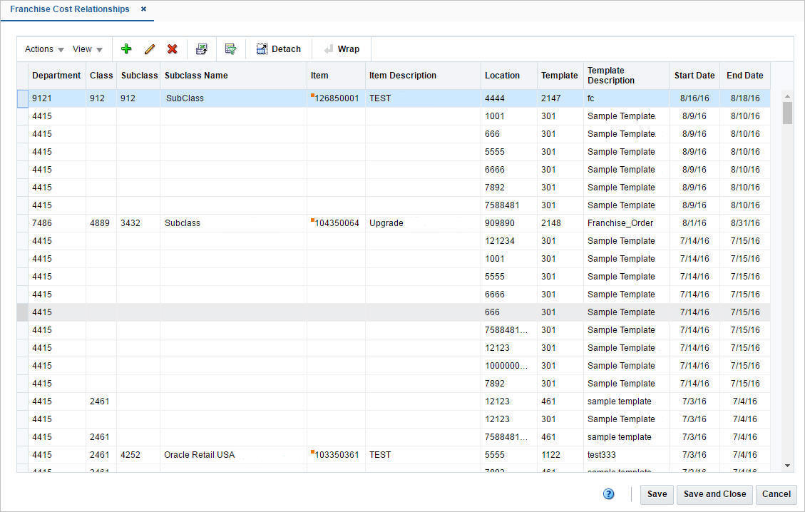 Franchise Cost Relationships window