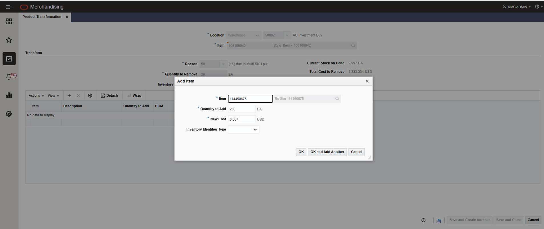 Add Items for Product Transformation
