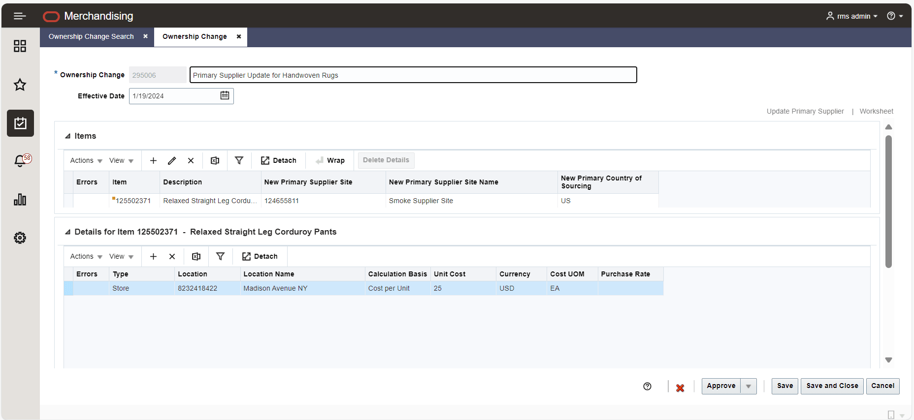 Create Ownership Change page