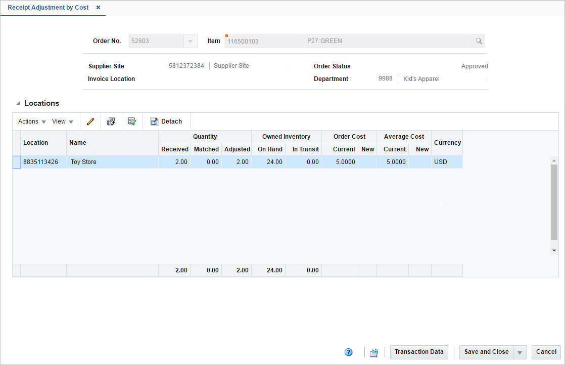 Receipt Adjustment by Cost window