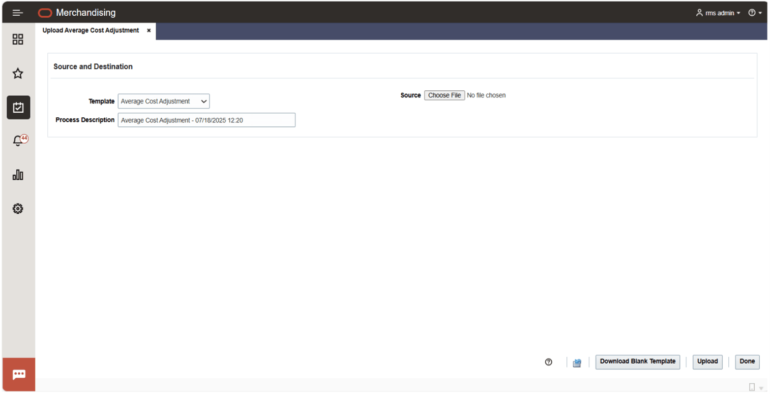 Upload Average Cost Adjustment Screen Upload Average Cost Adjustment Screen