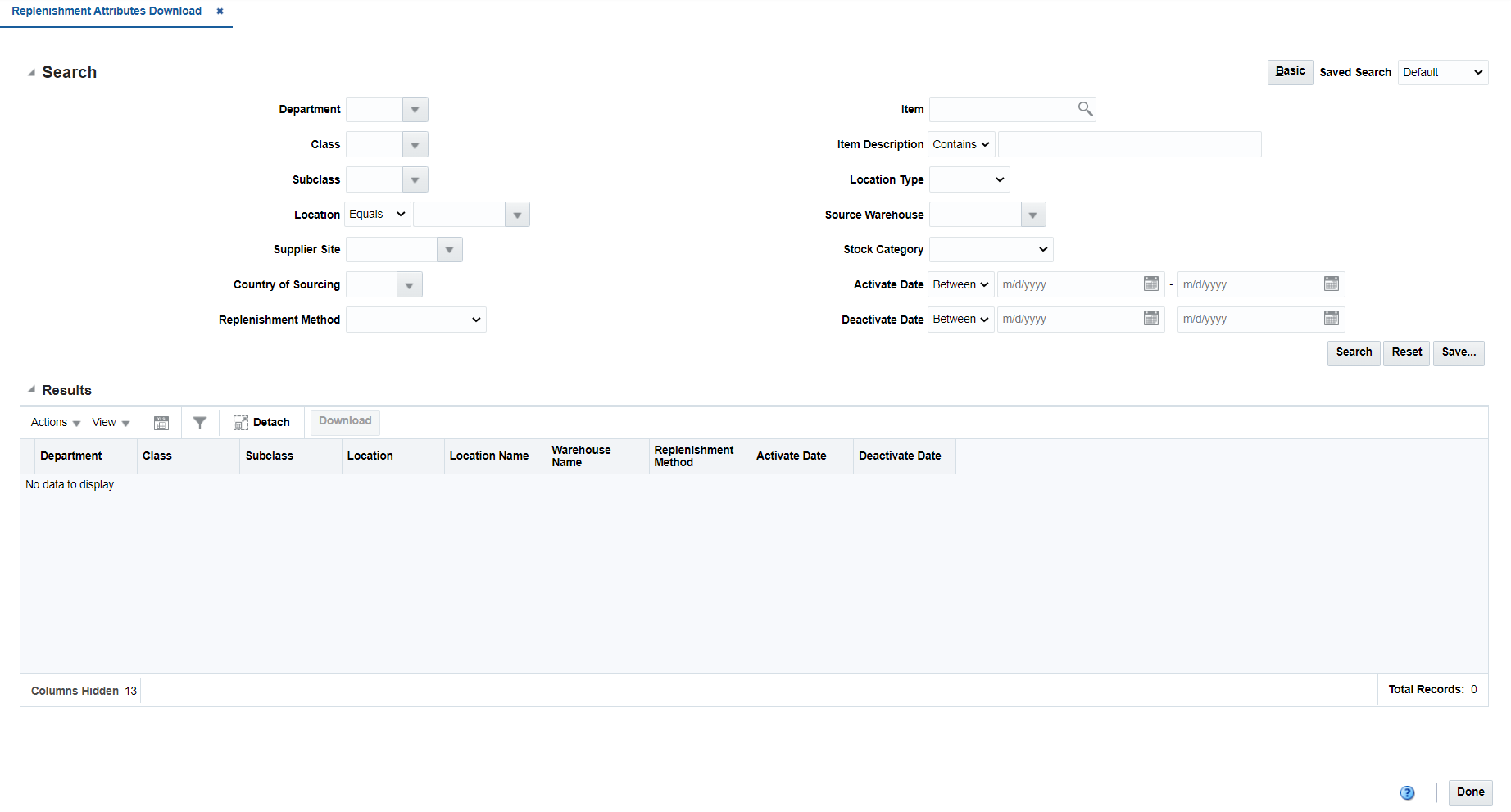 Replenishment Attributes Download Advanced Search Page