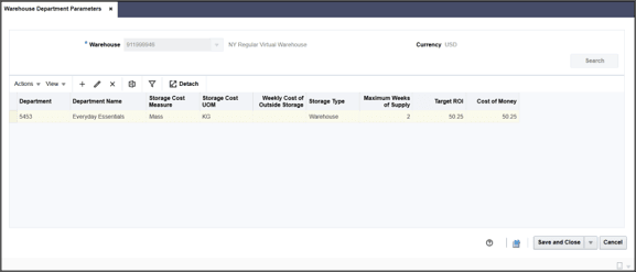 Warehouse Department Parameters Page