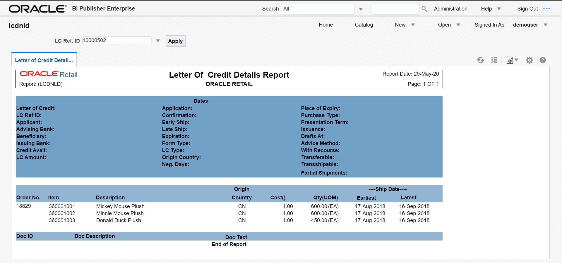 Letter of Credit Details Report