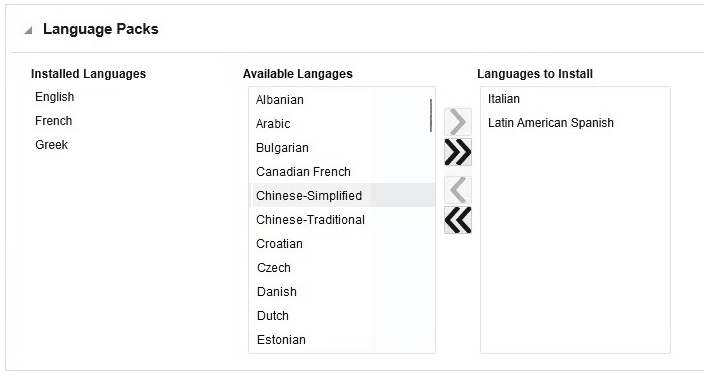 Detailed View of Language Packs Section Detailed View of Language Packs Section