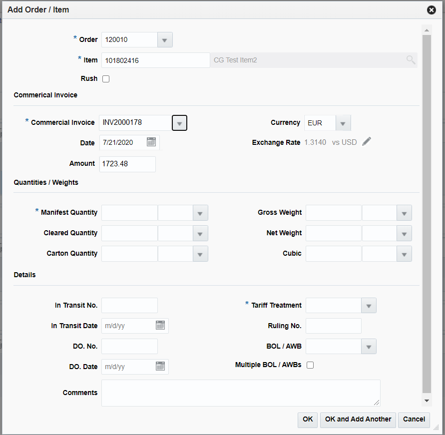 Edit Order/Item Window