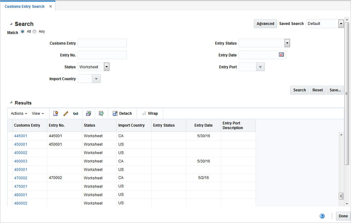 Customs Entry Search window