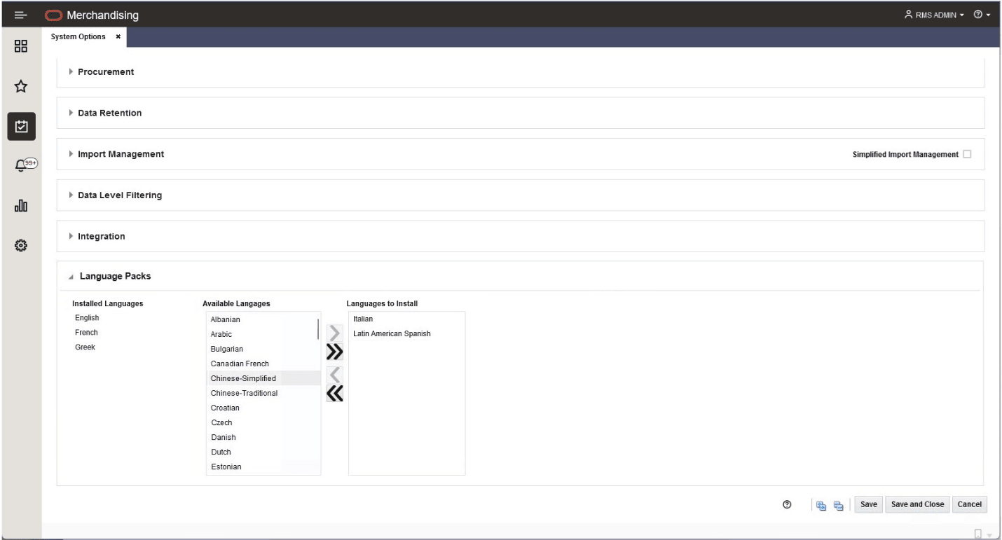 System Options with Language Packs Section Expanded