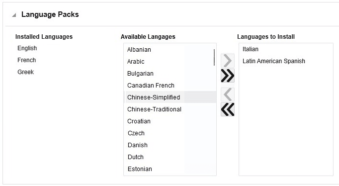 Language Packs Section if Primary Language is French, Greek has been Installed, and Italian and Latin American Spanish are Selected for Install