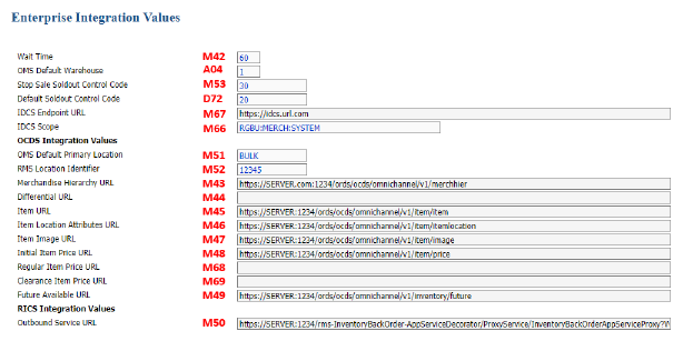 The system Control Values for Enterprise Integration with Oracle Retail Merchandising Foundation Cloud Service (RMFCS) and Oracle Retail Pricing Cloud Service (RPCS) through Omnichannel Cloud Data Service (OCDS) is shown here.