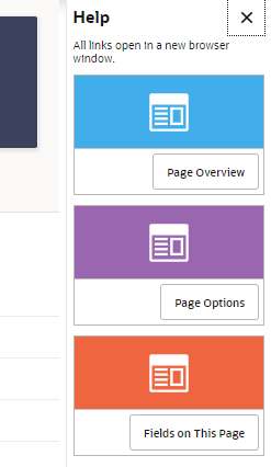 illustrates the 3 options available in the Help Drawer to select the Page Overview, Page Options, or Fields on This Page.