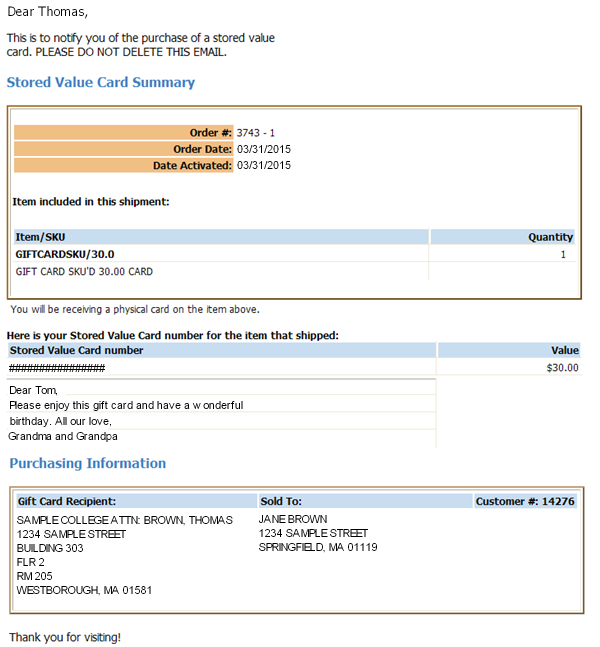 Stored Value Card Notification Sample and Contents