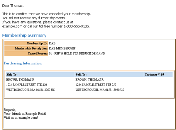 Membership Cancellation Notification Sample and Contents