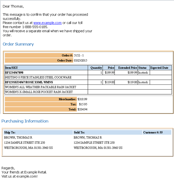 This shows a copy of the Order Confirmation Email.