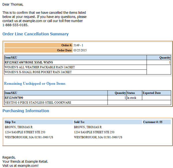 Order Line Cancellation Confirmation Email Sample and Contents