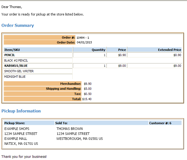 Store Pickup Notification Sample and Contents