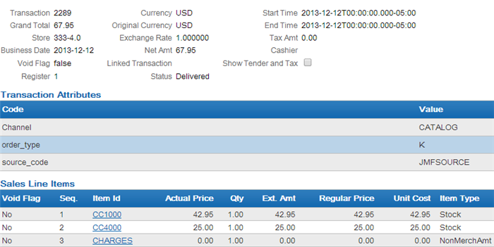 Transaction Attributes and Sales Line Items in the Transaction Detail.