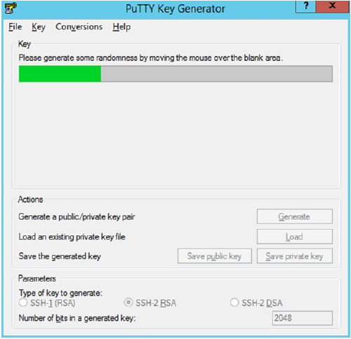 Illustrates the progress of generating the key in the PuTTY Key Generator window. Illustrates the progress of generating the key in the PuTTY Key Generator window.
