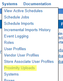 This figure shows the Home screen where you can select Proximity Uploads.