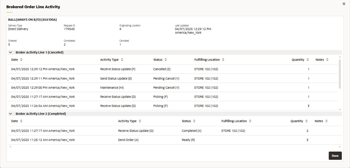 Tthis image shows the brokered Order Line Activity Screen