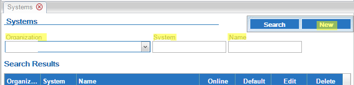 This figure shows the Systems screen where you can define the systems of an organization.