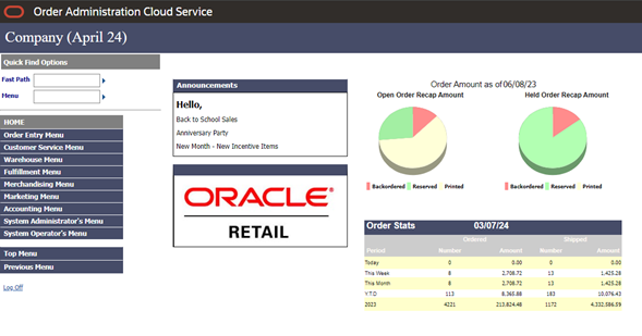OACS main screen